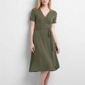 $80 👗Gap Softspun Olive Green Jersey Wrap Dress Midi Women S Tall 4 6 Worn 1x